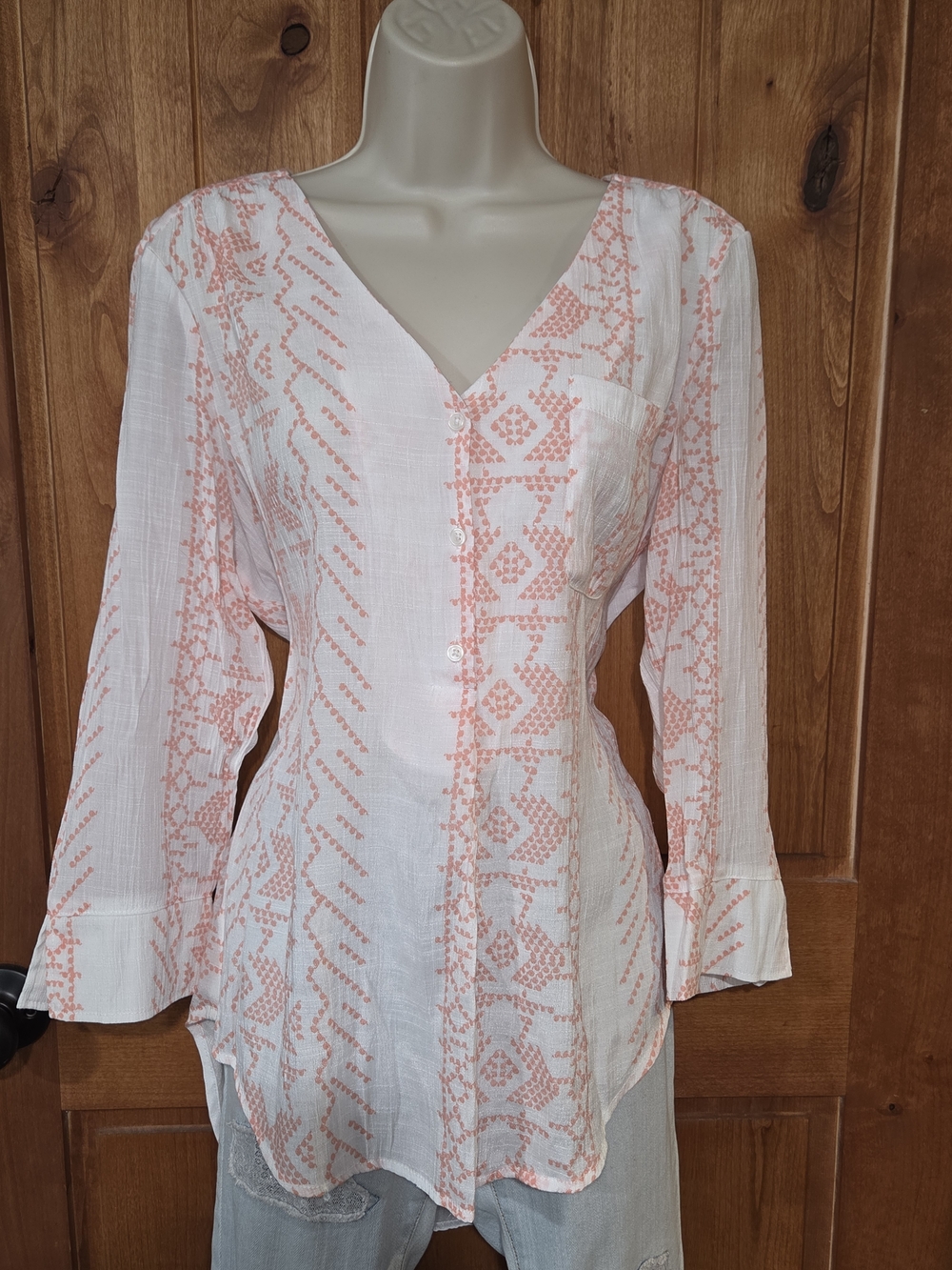 Fred David White Blouse‎ with Peach Pattern